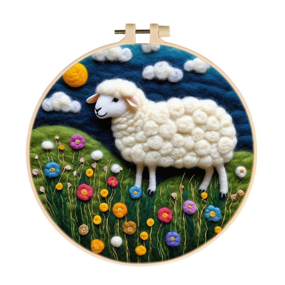 Sheep Is Surrounded By Flowers Under Sky Wool Needle Felting Painting Kit