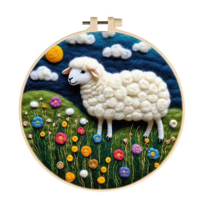 Sheep Is Surrounded By Flowers Under Sky Wool Needle Felting Painting Kit