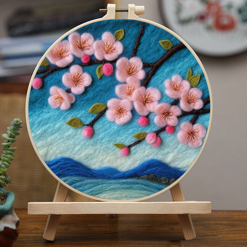 Trees On Blue Mountain Have Pink Flowers Wool Needle Felting Painting Kit