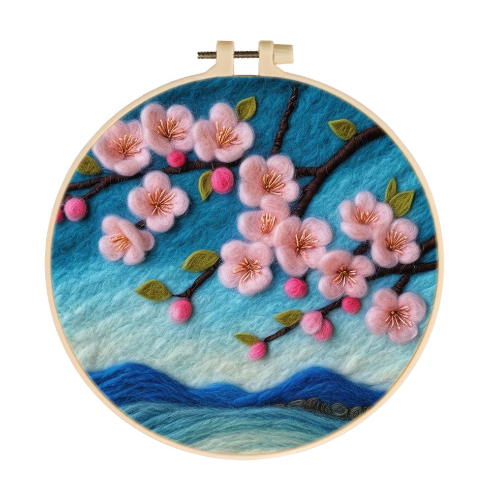 Trees On Blue Mountain Have Pink Flowers Wool Needle Felting Painting Kit