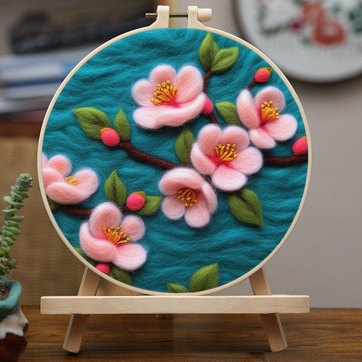 Pink Flowers Are Blooming On The Tree Wool Needle Felting Painting Kit