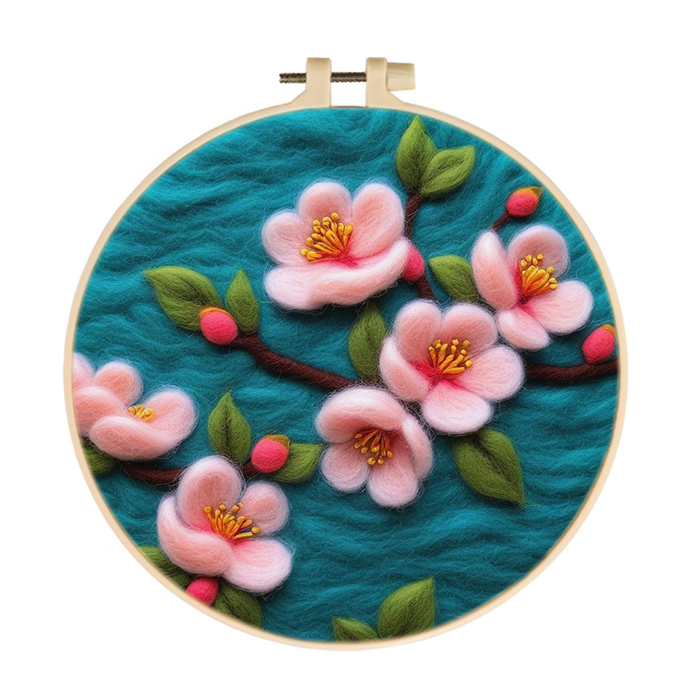 Pink Flowers Are Blooming On The Tree Wool Needle Felting Painting Kit