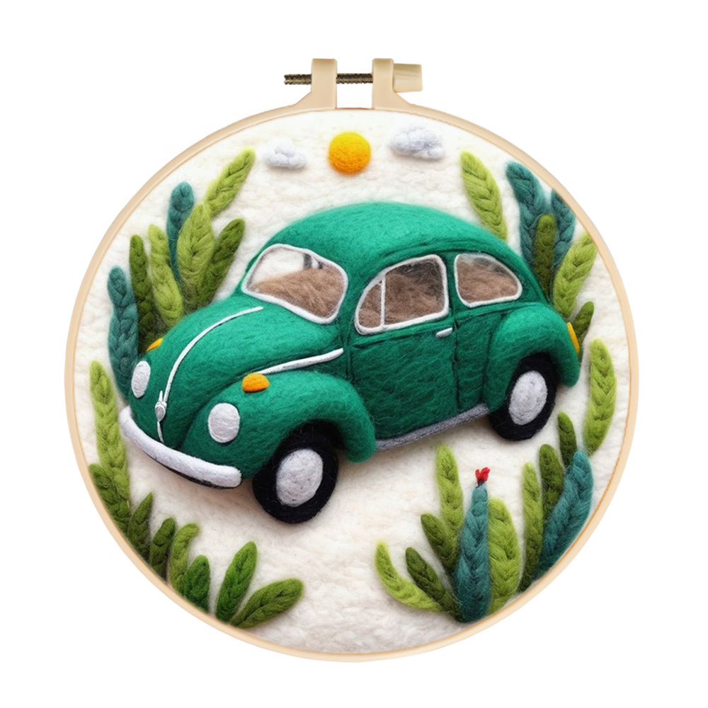 Small Green Car In The Bushes Wool Needle Felting Painting Kit