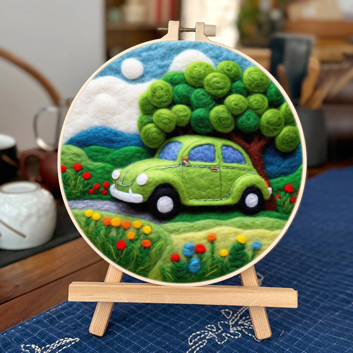 Green Car under the Big Tree Wool Needle Felting Painting Kit
