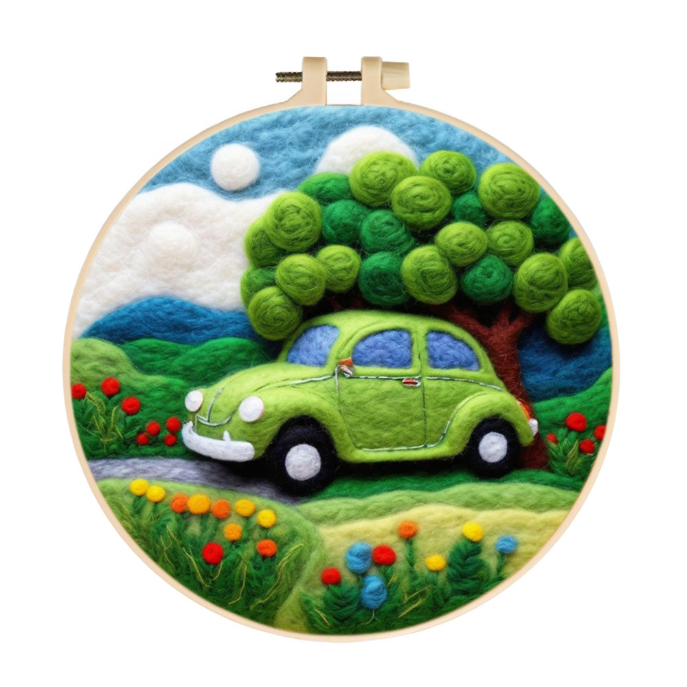 Green Car under the Big Tree Wool Needle Felting Painting Kit