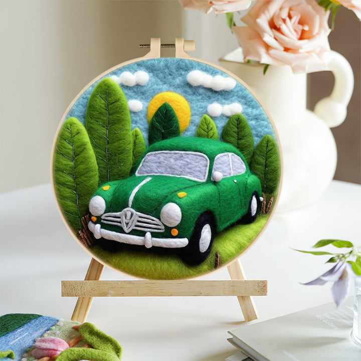 Green Car and Trees Wool Needle Felting Painting Kit