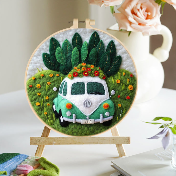 Car on Flower Meadow Wool Needle Felting Painting Kit