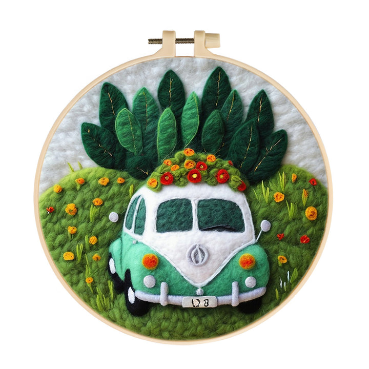 Car on Flower Meadow Wool Needle Felting Painting Kit