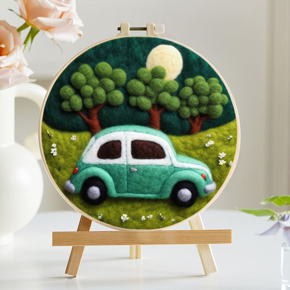 Green Car and Trees on the Grass Wool Needle Felting Painting Kit