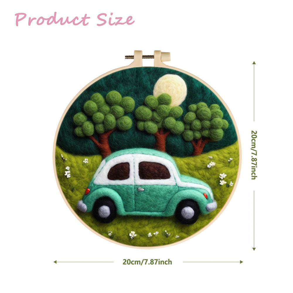 Green Car and Trees on the Grass Wool Needle Felting Painting Kit