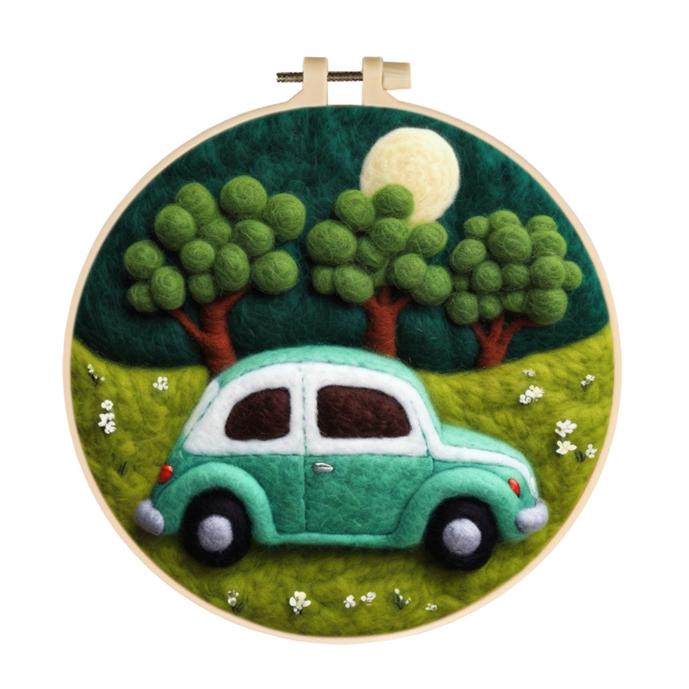 Green Car and Trees on the Grass Wool Needle Felting Painting Kit
