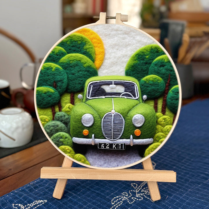 Green Car in Dense Forest Wool Needle Felting Painting Kit