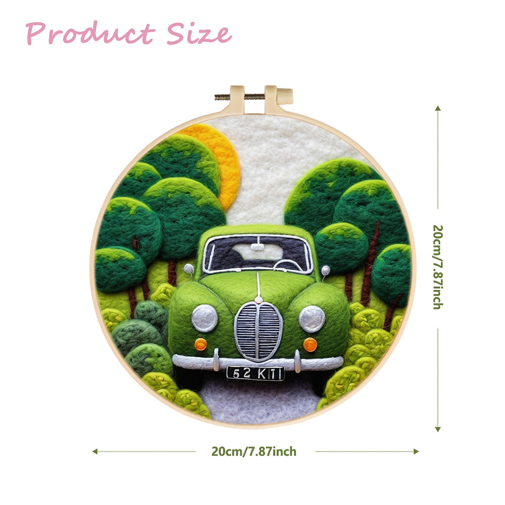 Green Car in Dense Forest Wool Needle Felting Painting Kit
