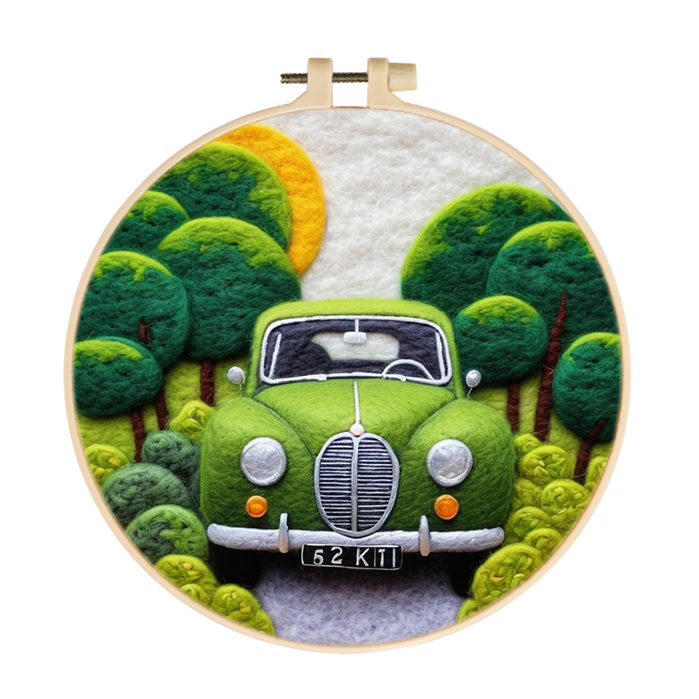 Green Car in Dense Forest Wool Needle Felting Painting Kit