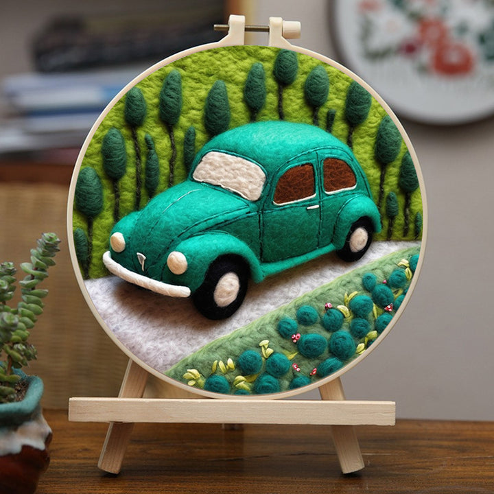 Green Car in Forest Wool Needle Felting Painting Kit