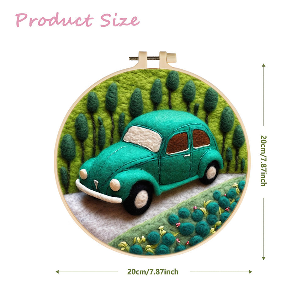 Green Car in Forest Wool Needle Felting Painting Kit