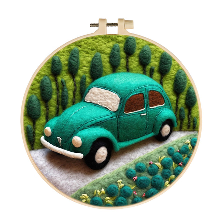 Green Car in Forest Wool Needle Felting Painting Kit