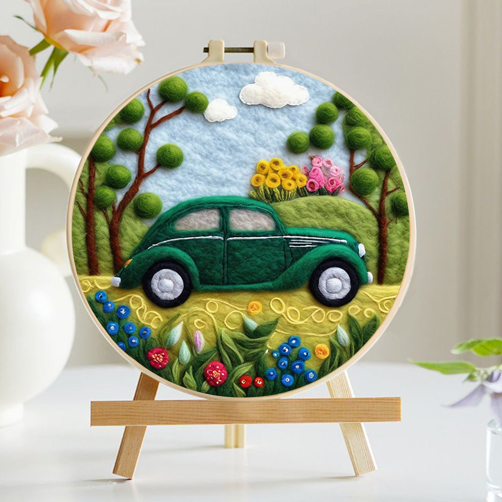 Green Car in Spring Garden Wool Needle Felting Painting Kit
