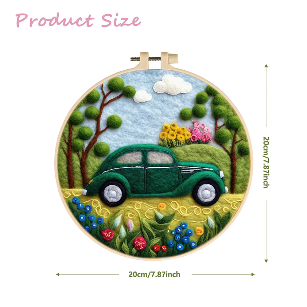 Green Car in Spring Garden Wool Needle Felting Painting Kit