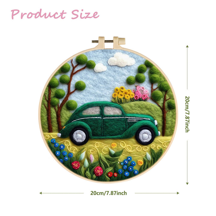 Green Car in Spring Garden Wool Needle Felting Painting Kit