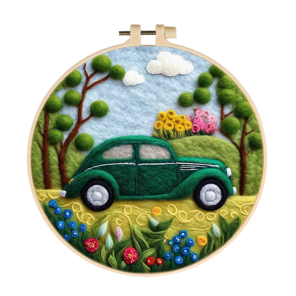 Green Car in Spring Garden Wool Needle Felting Painting Kit