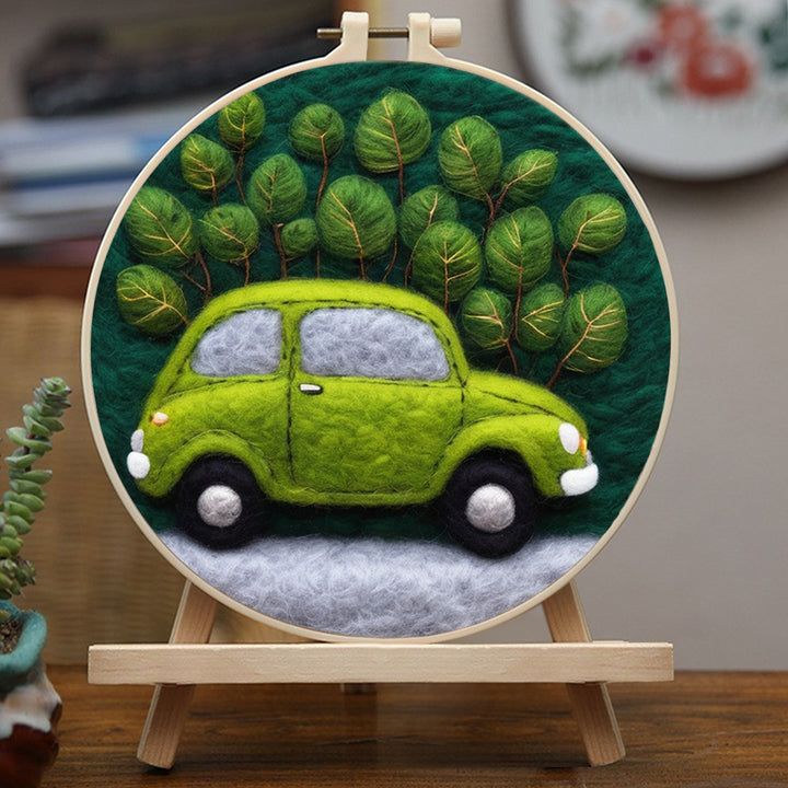 Green Car Surrounded By Plants Wool Needle Felting Painting Kit