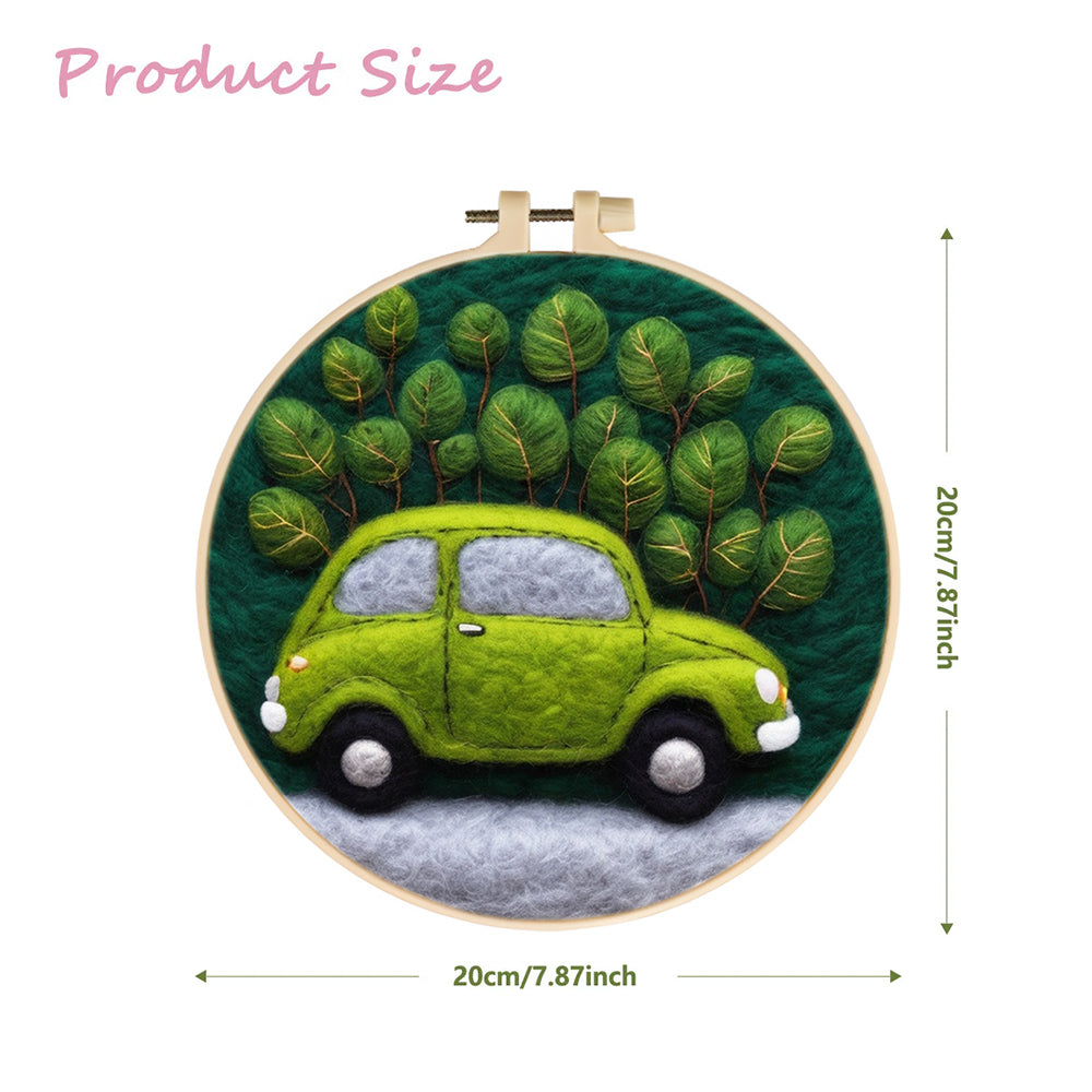 Green Car Surrounded By Plants Wool Needle Felting Painting Kit