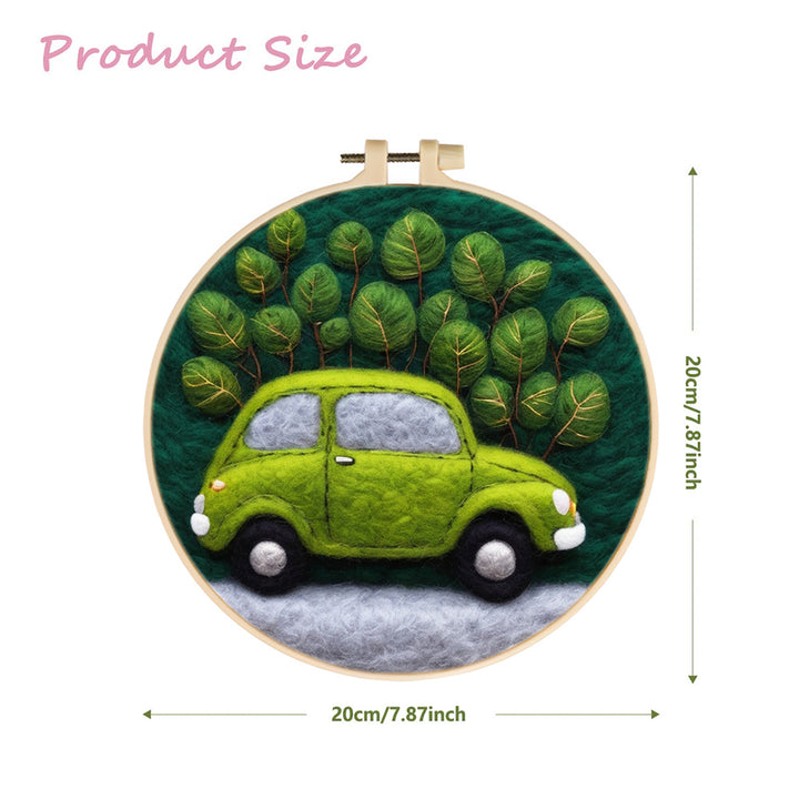 Green Car Surrounded By Plants Wool Needle Felting Painting Kit