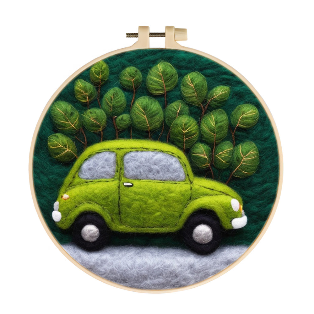 Green Car Surrounded By Plants Wool Needle Felting Painting Kit