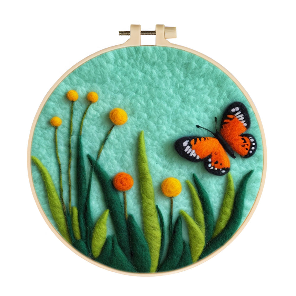 Orange Butterfly Flutter Among The Flowers Wool Needle Felting Painting Kit