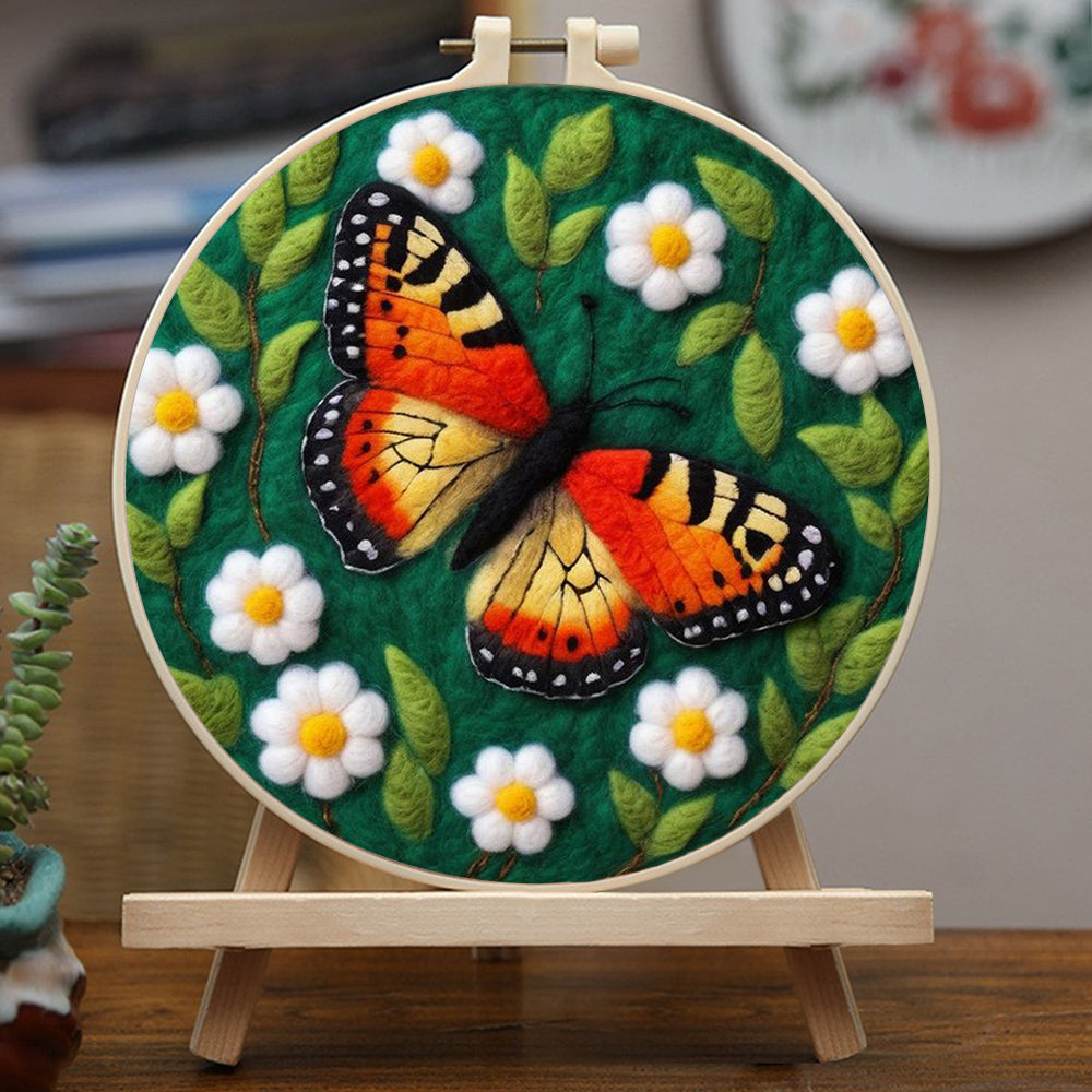 Orange Butterfly On The Flowers Wool Needle Felting Painting Kit