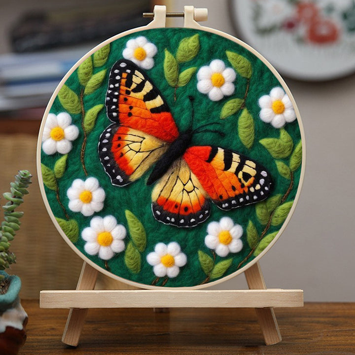 Orange Butterfly On The Flowers Wool Needle Felting Painting Kit