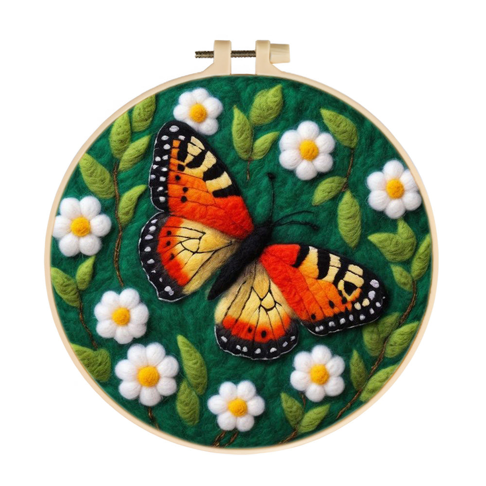 Orange Butterfly On The Flowers Wool Needle Felting Painting Kit