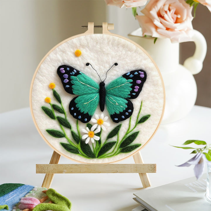 Green Butterfly and Daisies Wool Needle Felting Painting Kit