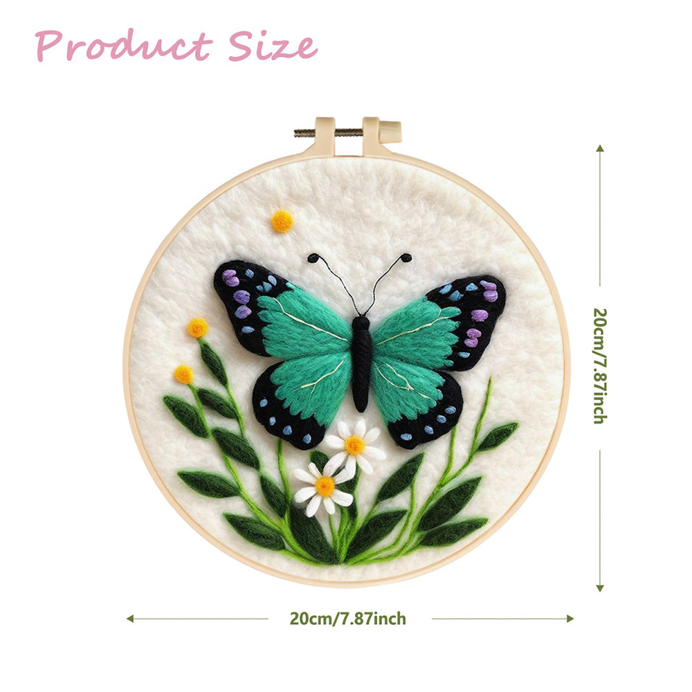 Green Butterfly and Daisies Wool Needle Felting Painting Kit