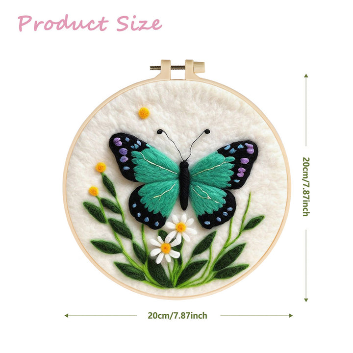 Green Butterfly and Daisies Wool Needle Felting Painting Kit