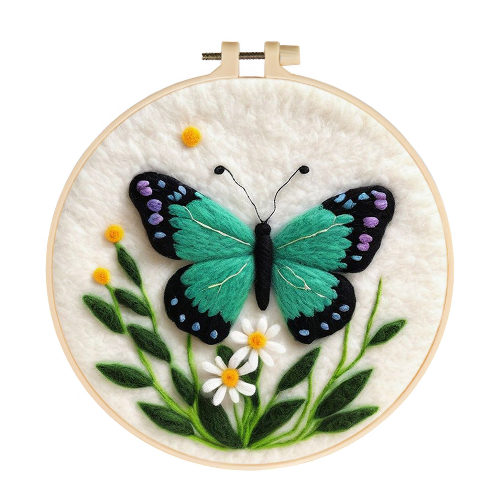 Green Butterfly and Daisies Wool Needle Felting Painting Kit