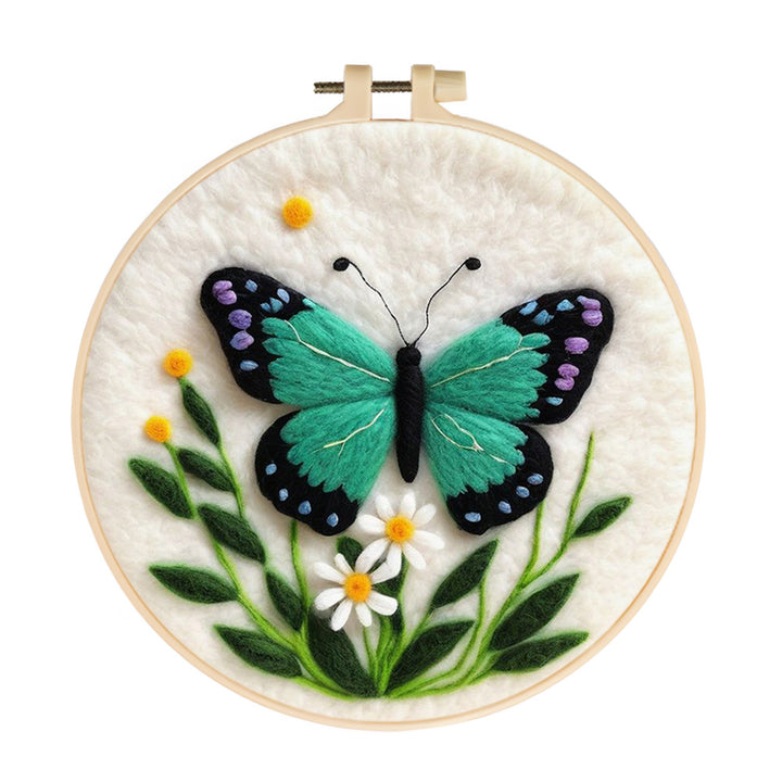 Green Butterfly and Daisies Wool Needle Felting Painting Kit