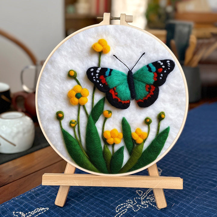 Green Butterfly and Yellow Flowers Wool Needle Felting Painting Kit