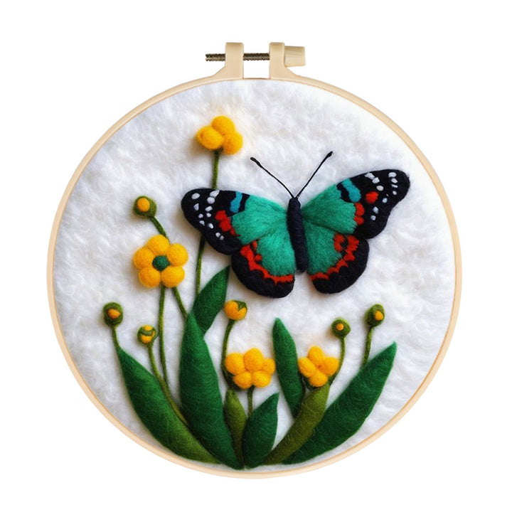 Green Butterfly and Yellow Flowers Wool Needle Felting Painting Kit