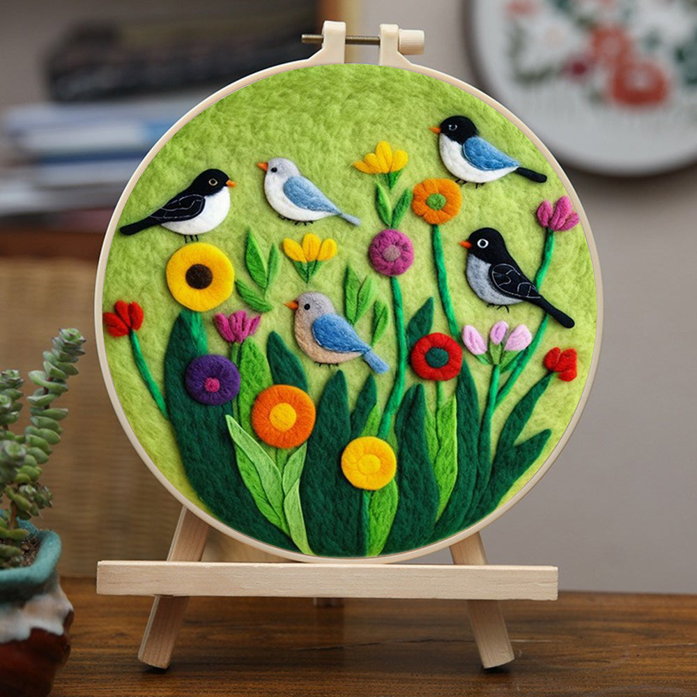 Birds on Colorful Flowers Wool Needle Felting Painting Kit