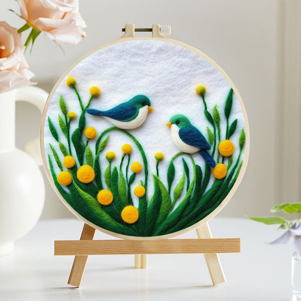 Blue Bird Hovering Near Flowers Wool Needle Felting Painting Kit