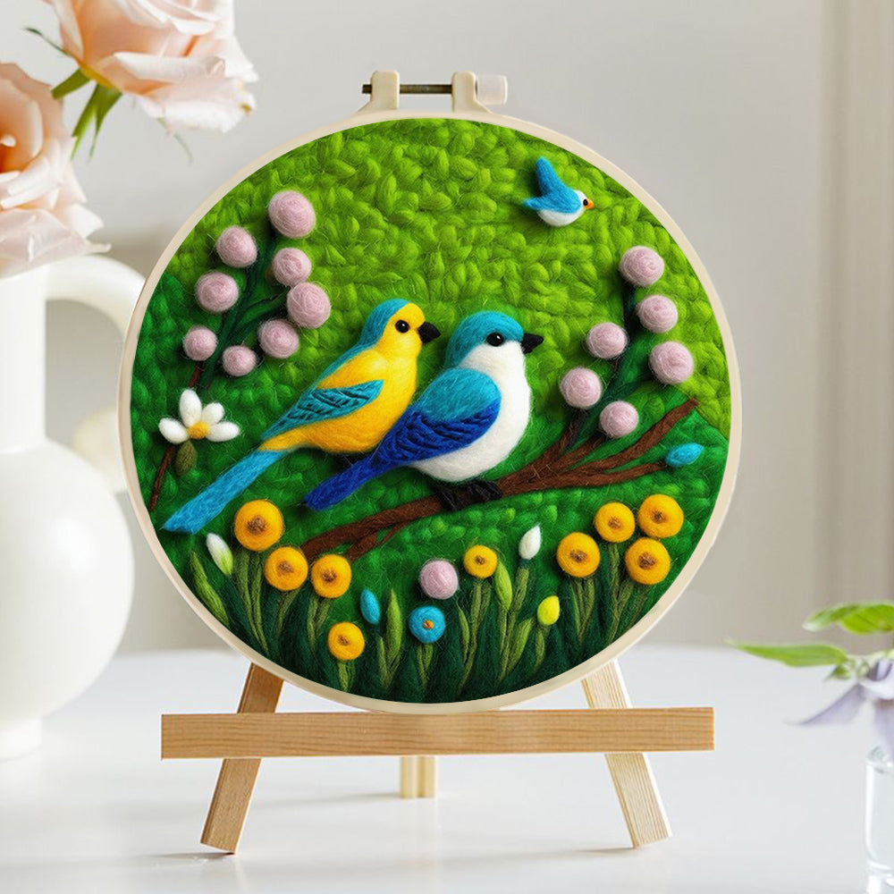 Two Birds and Yellow Flowers Blooming Wool Needle Felting Painting Kit