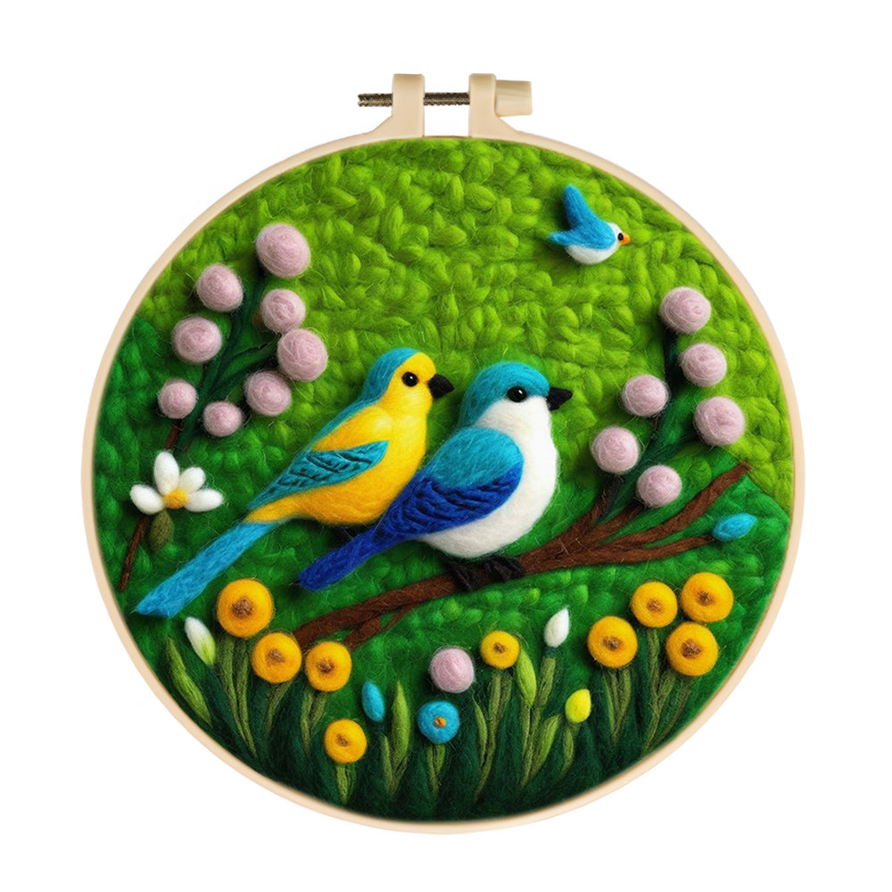 Two Birds and Yellow Flowers Blooming Wool Needle Felting Painting Kit