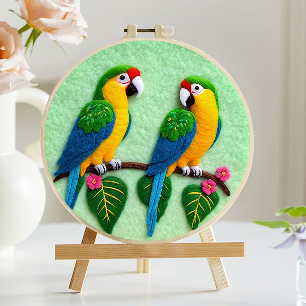 Two Parrots on Branch with Leaves Wool Needle Felting Painting Kit