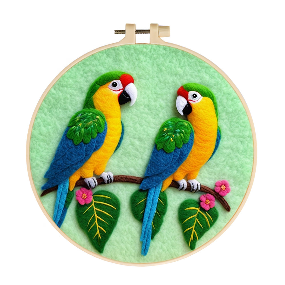Two Parrots on Branch with Leaves Wool Needle Felting Painting Kit