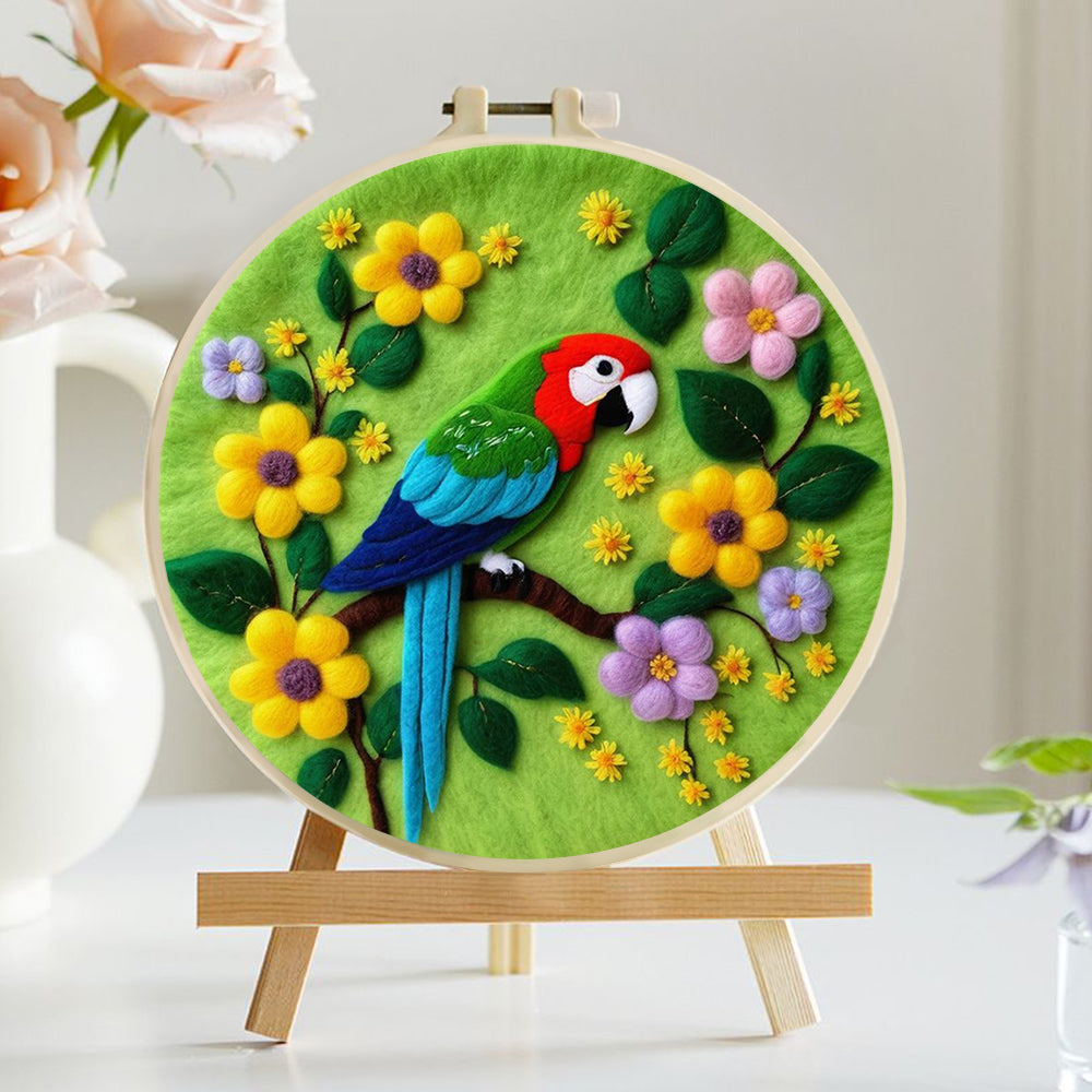 Parrot Perched on Tree with Flowers Wool Needle Felting Painting Kit