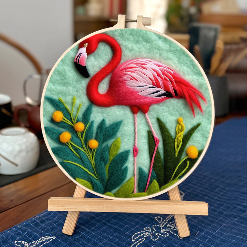 Flamingo Stands Among Green Plants Wool Needle Felting Painting Kit