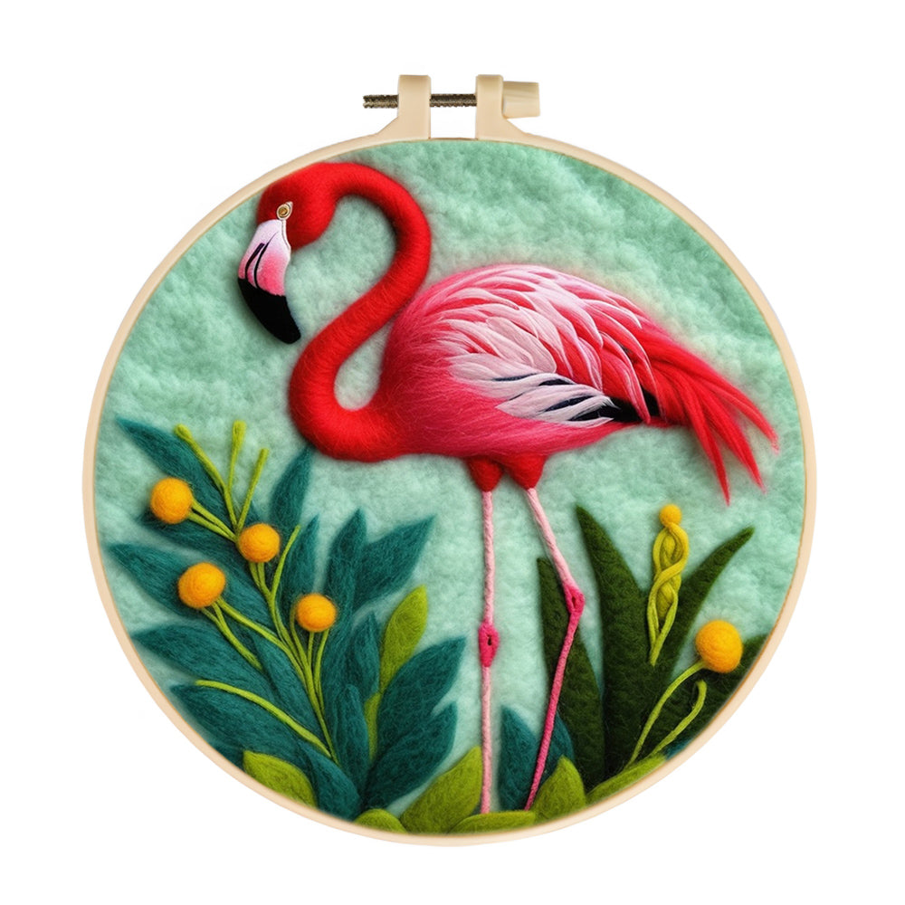 Flamingo Stands Among Green Plants Wool Needle Felting Painting Kit