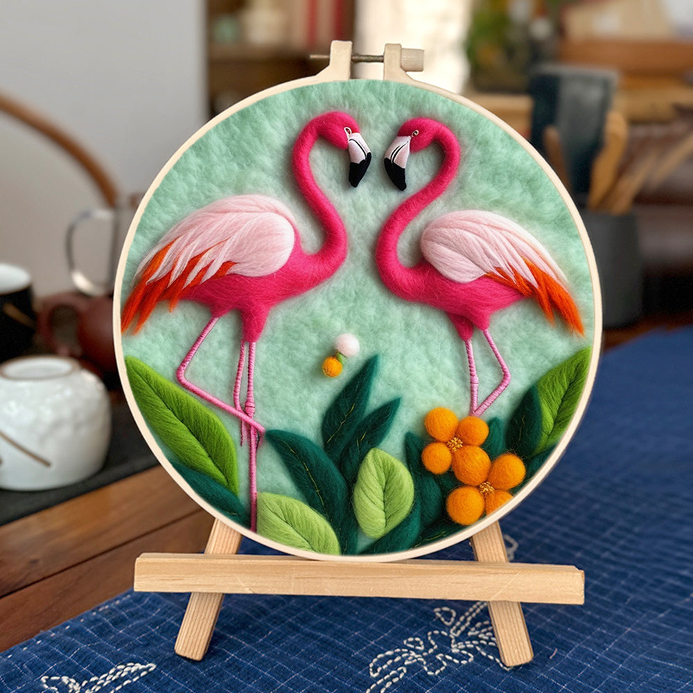 Flamingos Staring at Each Other in Green Wool Needle Felting Painting Kit